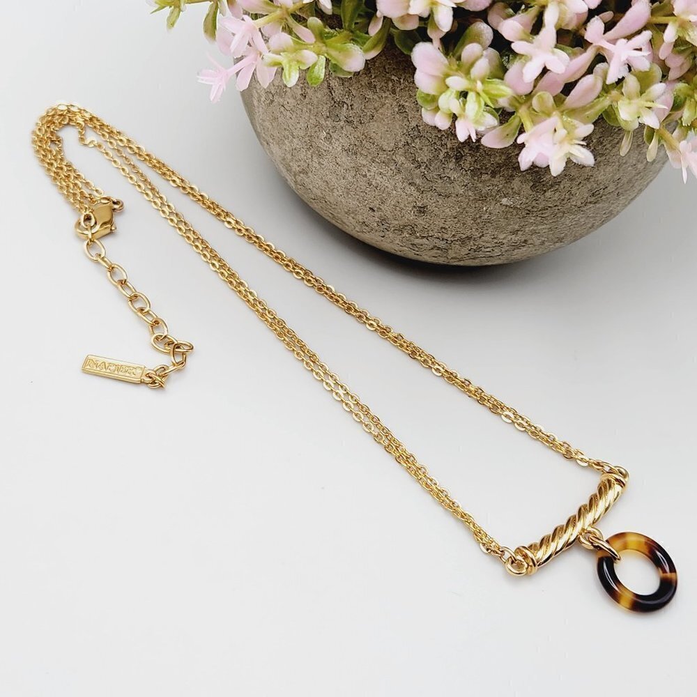 Vintage Napier Tortoiseshell Hoop Bar Pendant Gold Tone Double Chain Collar
